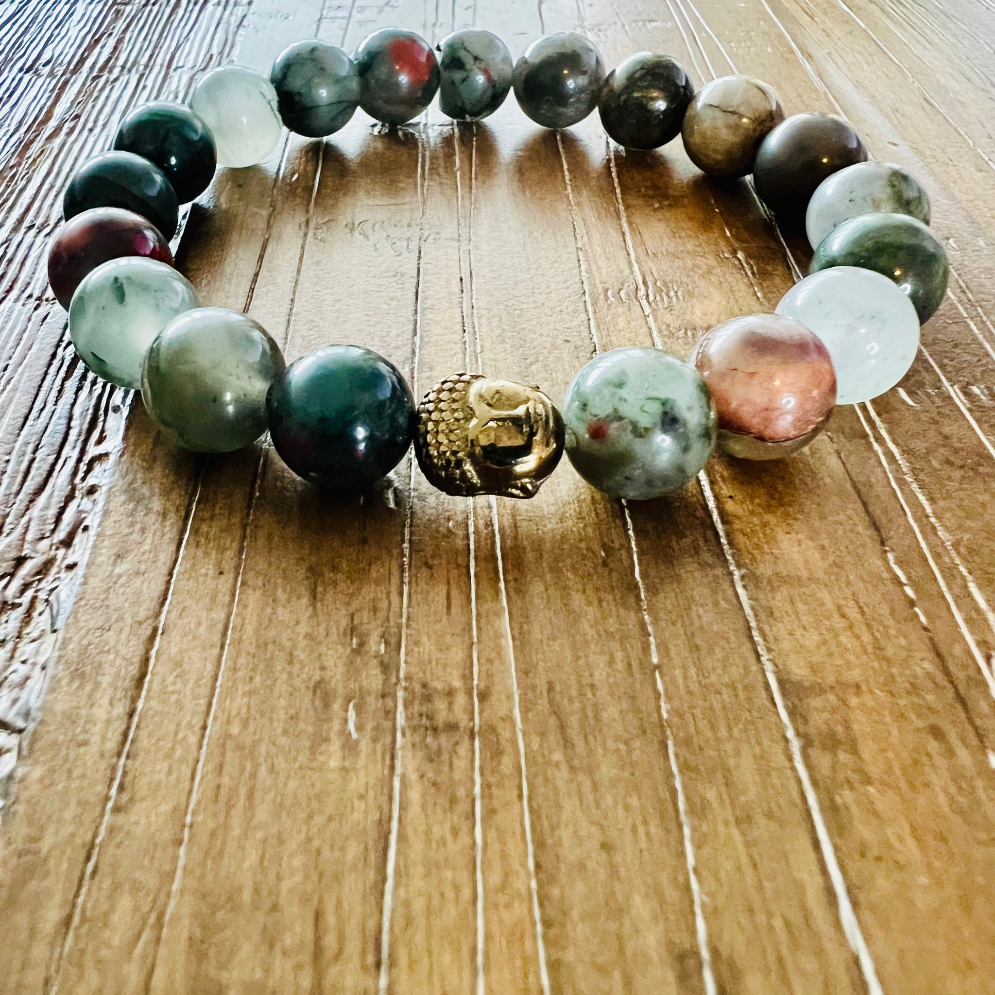 African Bloodstone Bracelet with Buddha Accent, 10MM