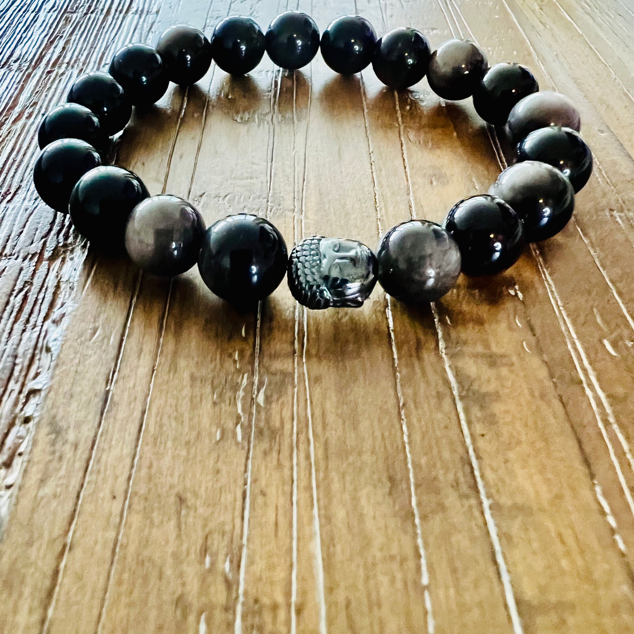 Obsidian Onyx Bracelet with Buddha Accent, 10MM