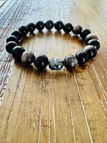 Obsidian Onyx Bracelet with Buddha Accent, 10MM