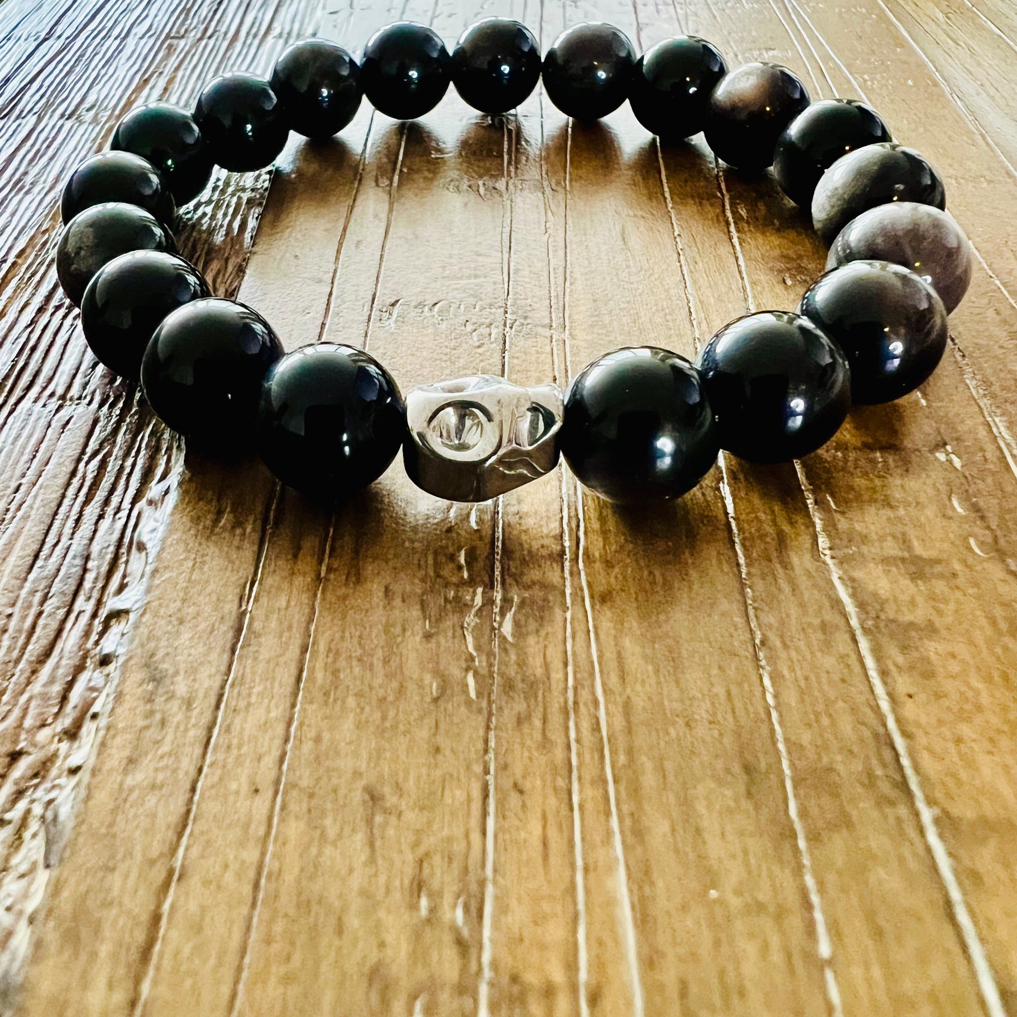 Obsidian Onyx Bracelet with Skull Accent in Gunmetal, 10MM